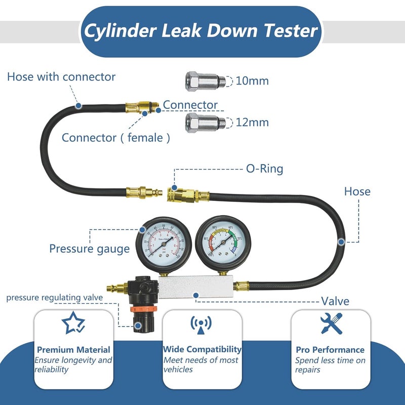 Bicos Cylinder Leak Down Tester Kit Compression Leakdown Detector Leakage Test Set for Gasoline Engine Leak Detection Tester Kit Dual Pressure Gauges - Image 2